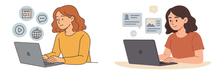 Poster - Two individuals engaged in online communication and research at their laptops in a modern workspace