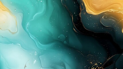 Poster - Elegant teal and gold fluid art background with shimmering particles for modern design