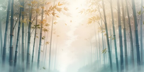 Poster - Dreamy Bamboo Forest. Serene Watercolor Landscape With Soft Pastel Colors. Light Mist Creates A Peaceful Atmosphere. Perfect For Nature Backgrounds, Calming Designs, And Promoting Relaxation. Gentle