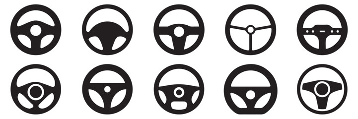Car Steering Wheel Icons Set – Silhouette and Line Style Symbols for Vehicle Interface and UI Design