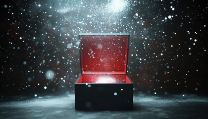 Poster - Abstract White Lights Illuminate A Black And Red Open Box, Dusting It With Magical Shimmer And Luminous White Particles On A Dark Background.