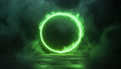 Poster - Glowing Emerald Geometric Circle On A Mysterious Dark Portal: Perfect Logo Mockup For A Futuristic Vibe