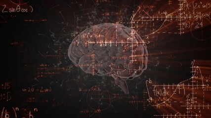 Poster - Forming 3D brain model showing neural activity, emitting glowing formulas multiplying, floating