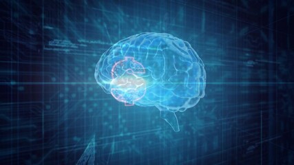 Poster - Neon-blue brain forming, pulsing, shaping pink outline into drifting dollar sign symbolizing profit