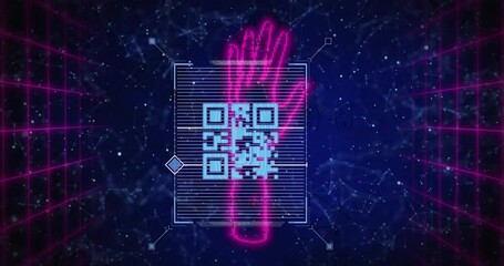 Poster - Neon hand outline appearing then rotating under scan frame while QR code forming for authentication