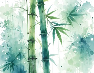 Poster - Serene Bamboo Watercolor Artwork Offers Calming Greens With Gentle Blues, A Natural Design Idea. Artistic Splatter Effects Enhance Its Visual Texture. A Beautiful, Simple Design For Various Projects.