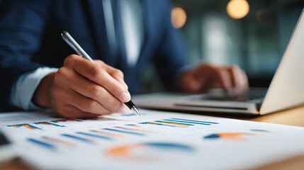 Poster - Close-up of man reviewing graphs, diagrams with pen near laptop. Financial analyst examines business reports, performance analysis, investment data, company sales statistics. Manager plans project, St