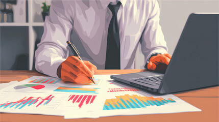 Poster - Close-up of man reviewing graphs, diagrams with pen near laptop. Financial analyst examines business reports, performance analysis, investment data, company sales statistics. Manager plans project, St