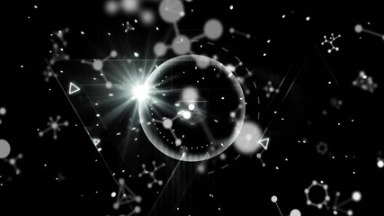 Poster - Bright flare igniting streaks, forming bubble showing wireframe then collapsing into drifting nodes
