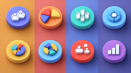 Poster - Colorful pie charts display market segmentation analysis. Demographic icons represent various customer groups within distinct market sectors. Data visualization tech clearly shows consumer behavior St