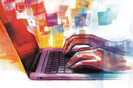 Hands Typing on Laptop with Colorful Digital Imagery Background