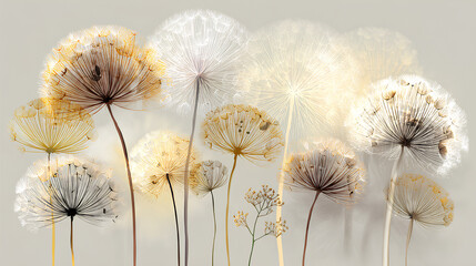 Poster - Elegant art illustration with transparent x-ray dandelions, wildflowers on light background. Beautiful floral backdrop. Design for card, postcard, interior, packaging, invitations, print, wallpaper