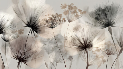 Poster - Elegant art illustration with transparent x-ray dandelions, wildflowers on light background. Beautiful floral backdrop. Design for card, postcard, interior, packaging, invitations, print, wallpaper
