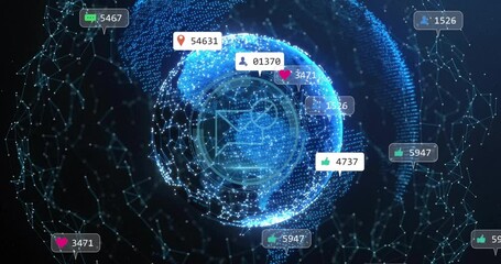 Poster - With globe spinning Cyber Security fading nodes pulsing social icons forming rings showing metrics