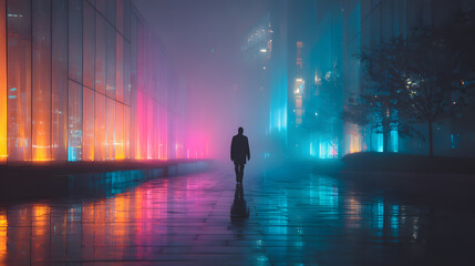 Poster - Man walking through a neon-lit futuristic tunnel with glowing reflections