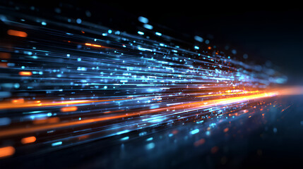 Poster - Futuristic digital illustration featuring blue, orange neon high-speed technology concept. Dynamic motion graphics, abstract background of cyberspace connectivity. Modern tech interface, web design, S