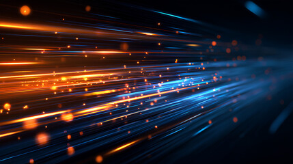 Poster - Futuristic digital illustration featuring blue, orange neon high-speed technology concept. Dynamic motion graphics, abstract background of cyberspace connectivity. Modern tech interface, web design, S