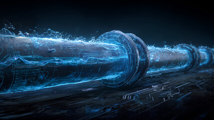 Poster - Futuristic digital pipeline incorporates AI, ML, IoT for smart leak detection, sustainable water management. Tech sensors, digital interface, data streams, blue light visualizes tech process, Stock Il