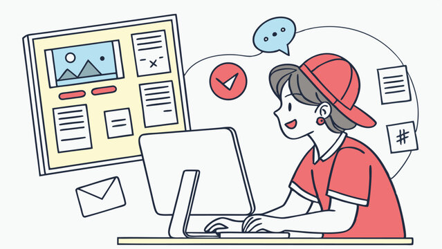 Illustration of a girl working on a computer with a website design and digital elements around her head