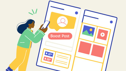 Poster - Illustration of a woman holding a smartphone next to a social media post with boost post button visible
