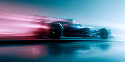 Poster - Futuristic formula race car speeds on reflective surface with motion blur trails in blue and pink tones, emphasizing high velocity and advanced technology
