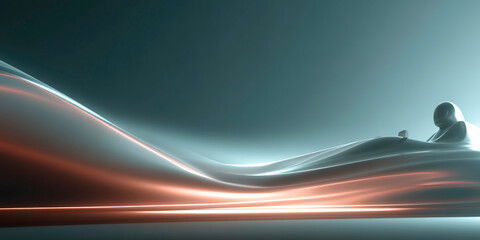 Poster - Futuristic abstract race car and driver sculpted from fluid metallic shapes in a glowing landscape of smooth curves and dynamic light