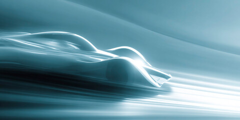 Poster - futuristic concept car racing at high speed through a light-filled abstract environment with smooth 