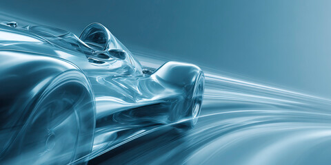 Poster - Futuristic race car with smooth transparent surfaces speeding through abstract motion lines on a light blue gradient background