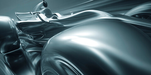 Poster - Streamlined futuristic race car with fluid metallic body design captured in motion, emphasizing aerodynamics, speed and advanced engineering in a stylized abstract concept