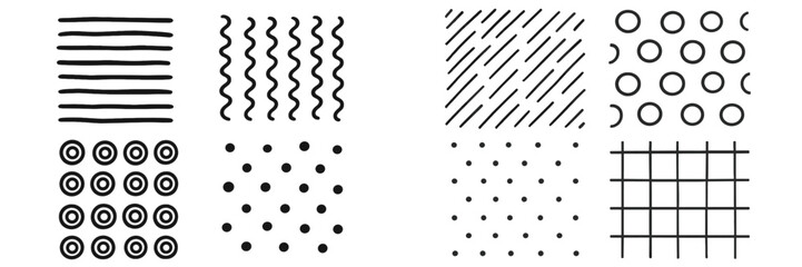 Poster - Black and white patterns featuring lines, waves, dots, and grids in a symmetric layout on a light background
