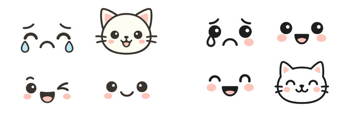 Poster - Cute and expressive cat and face emojis showcasing various emotions and feelings in a playful design