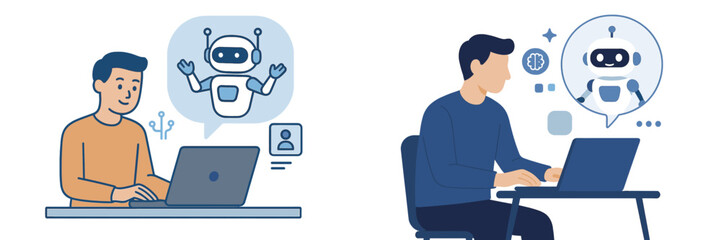 - Young professionals engage with AI chatbot technology while working on laptops in a modern office setting