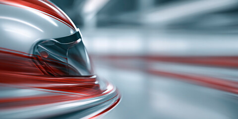 Poster - Close-up of a racing helmet with red and silver dynamic streaks in a futuristic motion blur environment, representing speed, style and high-performance gear