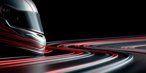 Poster - Futuristic racing helmet integrated into a stream of red and black flowing lines on a dark background, symbolizing speed, power and precision
