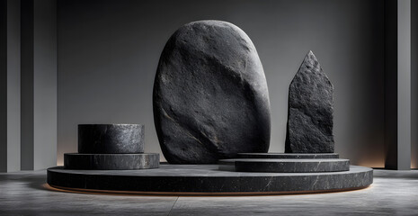 Poster - Black geometric Stone and Rock shape background, minimalist mockup for podium display or showcase, 3d rendering.
