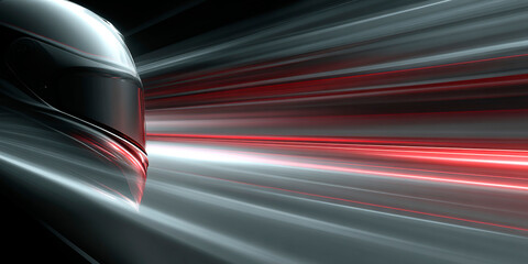 Poster - futuristic racing helmet in dramatic lighting with dynamic red and white speed trails, symbolizing f
