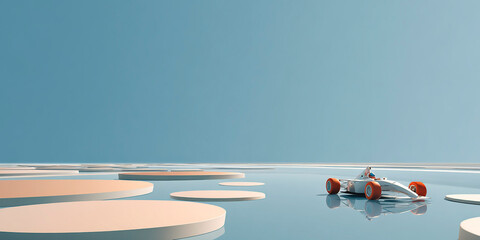 Poster - minimalistic scene with a futuristic race car driving among large pastel circular platforms on a ref