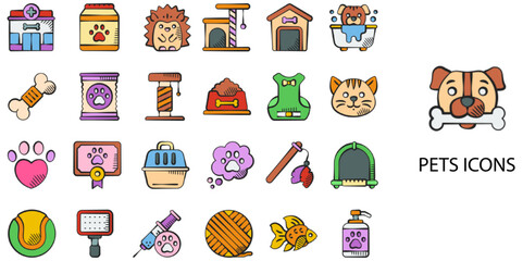  Pets simple concept 24 hand drawn color icons set .Vector illustration.	