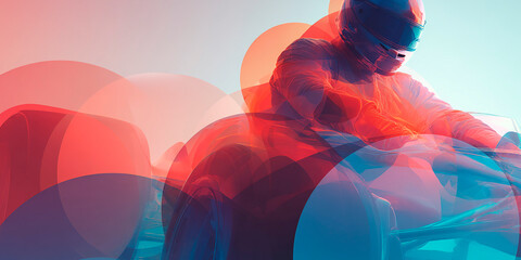 Poster - Abstract illustration of a race car driver in action, overlaid with vibrant red and blue translucent circles, blending motion, speed and creative expression