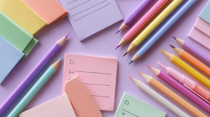 Poster - Explore Gratitude With a Minimalist Pastel Prompt List Featuring Colorful Stationery and Journaling Tools on a Soft Purple Background