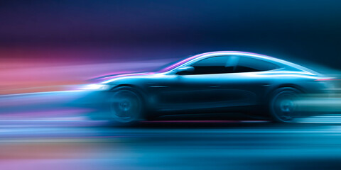 Poster - Futuristic electric sports car in motion on a neon-lit road at night, with dynamic motion blur emphasizing speed and modern design
