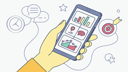 Poster - Hand holding smartphone displaying charts, target, clock, and speech bubbles in a vector illustration
