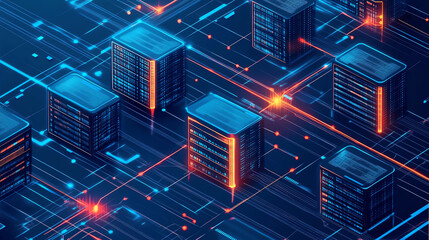 Aufkleber - A captivating digital illustration showcasing interconnected servers with vibrant lines, representing data flow and communication.