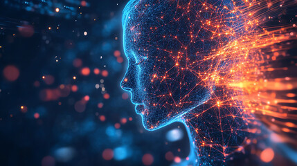Aufkleber - A digital representation of a human face emerging from vibrant, glowing particles, symbolizing innovation and artificial intelligence.