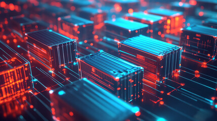 Poster - A futuristic close-up of glowing data containers, representing advanced tech storage and digital innovation in modern systems.