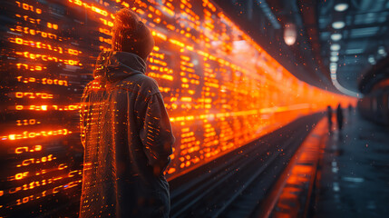 Poster - A figure stands in front of a vibrant digital display, immersed in a world of data and light, exploring the future of technology.
