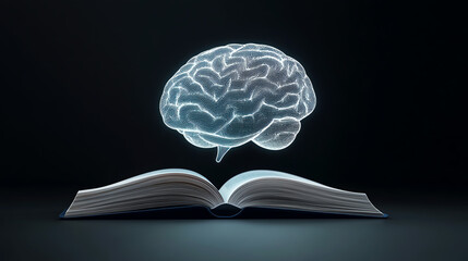 Poster - A glowing brain hovering above an open book, symbolizing knowledge, creativity, and intellectual growth in a dark environment.