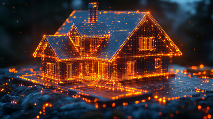 Poster - A glowing house structure illuminated by vibrant lights, showcasing modern design blended with enchanting ambiance.