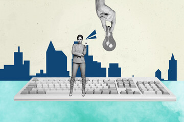 Aufkleber - Banner image collage of person stand hold light bulb front retro key board on pastel background with drawing city