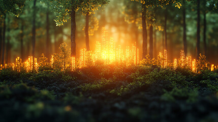 Aufkleber - A magical forest scene illuminated by warm light, creating a serene atmosphere filled with wonder and tranquility.